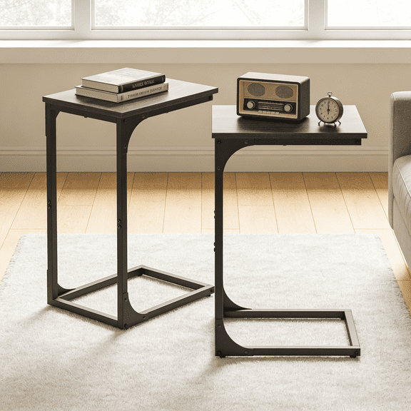 LEDREM 2-Pack C-Shaped End Tables - Slim Sofa Side Tables, 24.4" Height, Steel Frame, Ebonized Oak and Black
