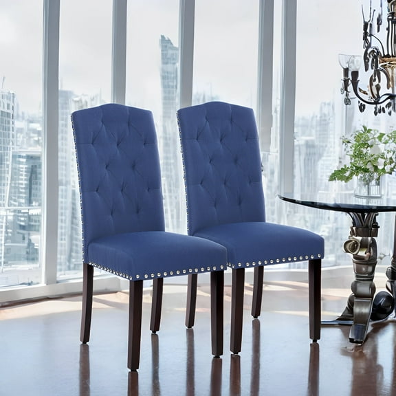 LEDREM 2-Pack High Back Dining Chairs - Tufted Upholstered, Solid Wood Legs, Adjustable Feet, 242lb Capacity, Cotton-Linen, Blue