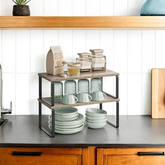 LEDREM 2-Pack Kitchen Organizer Shelves - Stackable, 33lb Capacity, 5-Way Adjustable, Metal/Wood Construction, Ink Black and Heather Greige