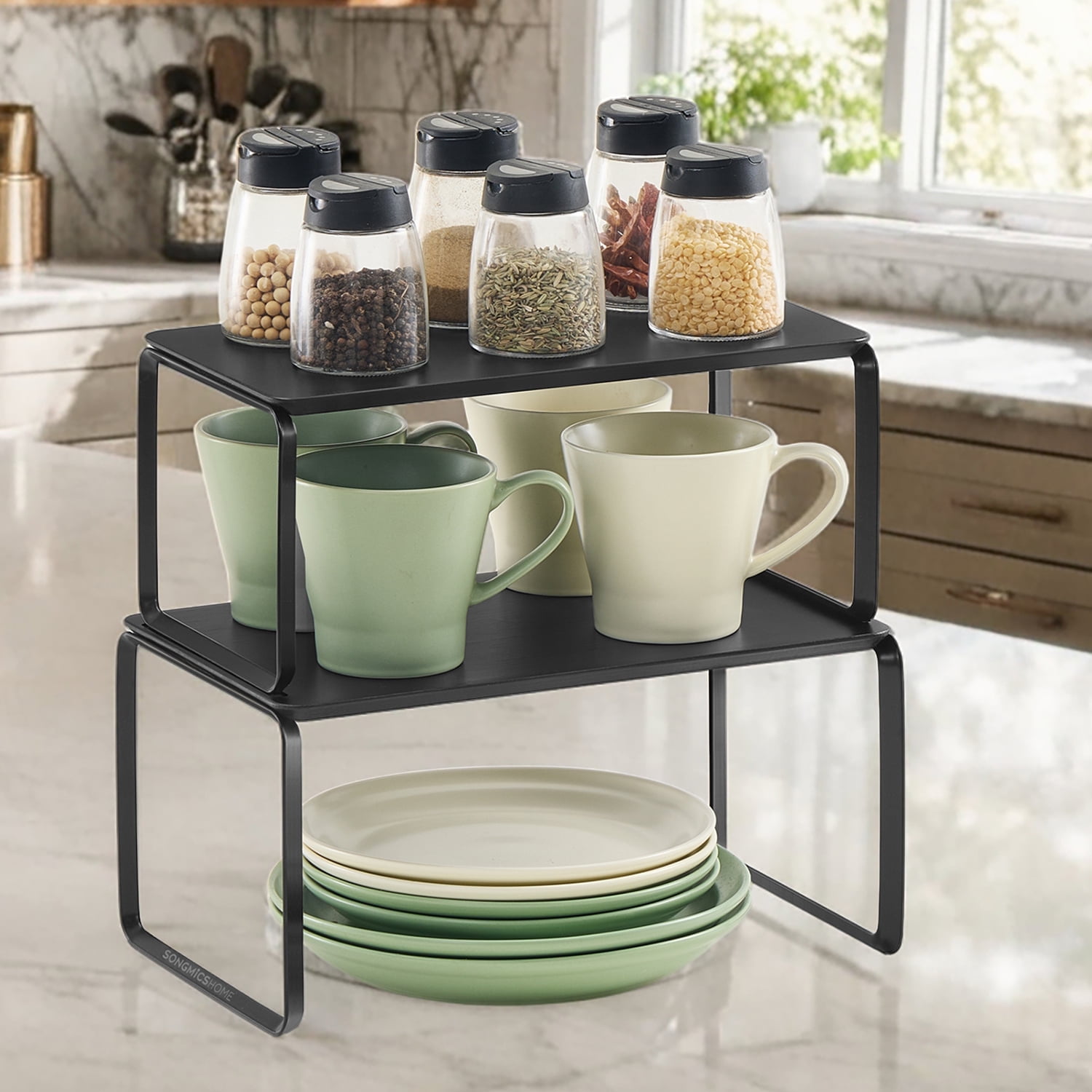 LEDREM 2-Tier Bamboo Shelf Organizer - Stackable Kitchen Storage Rack ...