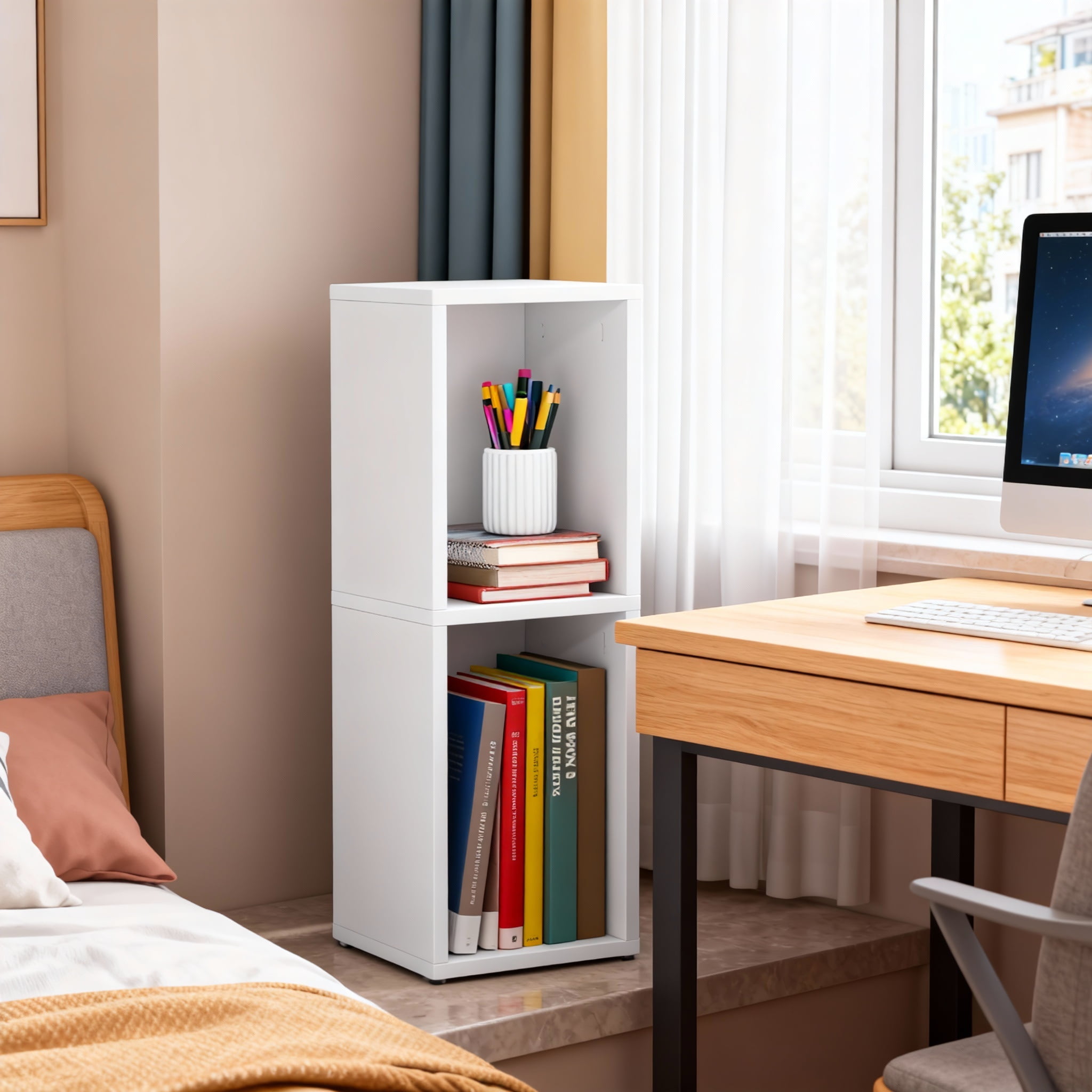 LEDREM 2-Tier Bookshelf with Open Compartment Design, Slim Corner ...