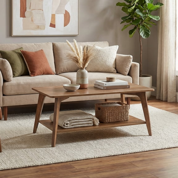 LEDREM 2-Tier Coffee Table with Storage Shelf, Modern Center Table with Tapered Legs, for Living Room, Easy Assembly, 39.4"W x 21.7"D x 17.7"H