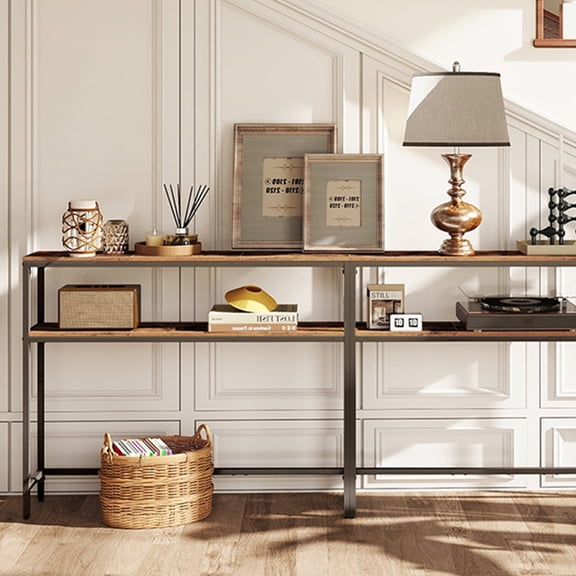 LEDREM 2-Tier Console Table with Shelves,Narrow Entryway Table,39.4-inch Modern Table,Adjustable Feet,Rustic Brown and Ink Black