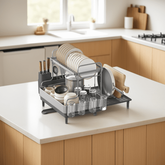 LEDREM 2-Tier Expandable Dish Drying Rack, Stainless Steel Dish Dryer with Drain Spout and Utensil Holder for Kitchen Counter, Silver and Gray