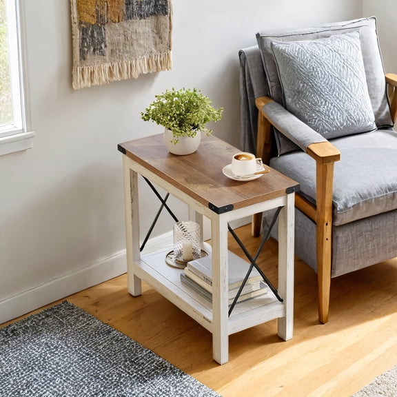 LEDREM 2-Tier Farmhouse End Table with Bottom Shelf, Small Side Table for Living Room, Bedroom, 23.6 x 21.6 x 11.8 Inches, Rustic White and Honey Brown