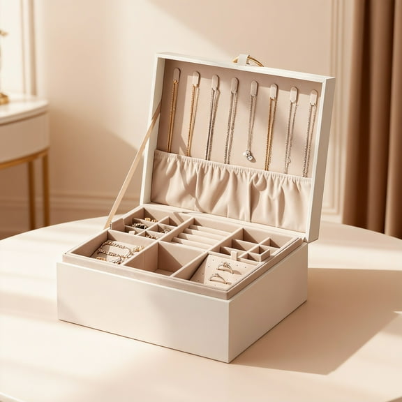 LEDREM Jewelry Box, 2-Tier Jewelry Organizer Box with Removable Trays, Floating Base Design, Metal Handle, Necklace Hooks & Velvet Lining - Gift for Women, White