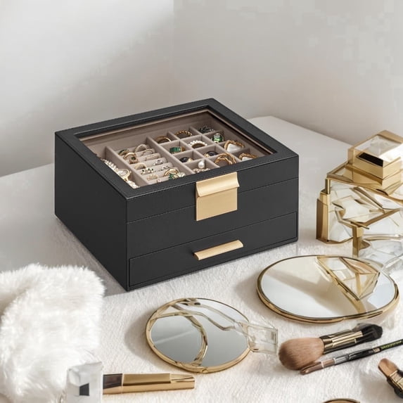 LEDREM 2-Tier Jewelry Organizer with Glass Lid & Drawer, Modern Velvet-Lined Storage Box for Dresser/Vanity, Graphite Black and Gold Color