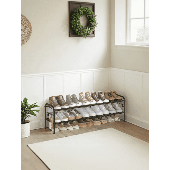 LEDREM 2-Tier Metal Shoe Rack with 4 Hooks, Height-Adjustable Shoe Organizer for 12 Pairs, Entryway and Closet Storage, Ink Black