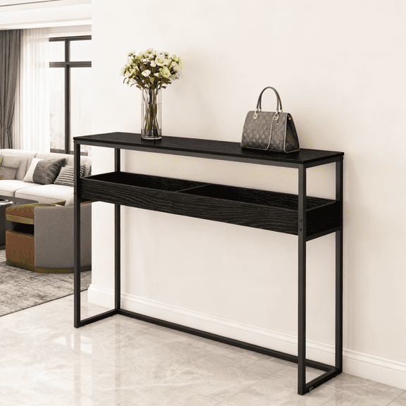 LEDREM 2-Tier Narrow Console Table, Semi-Open Compartment Entryway Table for Hallway and Living Room, Ebony Black and Ink Black