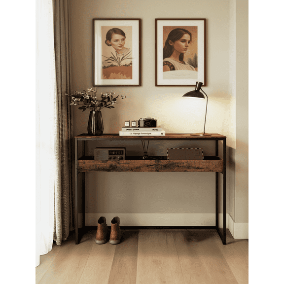 LEDREM 2-Tier Narrow Console Table, Semi-Open Compartment Entryway Table for Hallway and Living Room, Rustic Brown and Ink Black