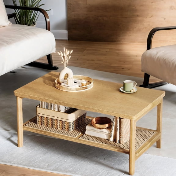 LEDREM 2-Tier Rectangular Coffee Table with Rattan Storage Shelf, Boho Style Living Room Table, Rounded Corners, 39.4" W, Oak Beige