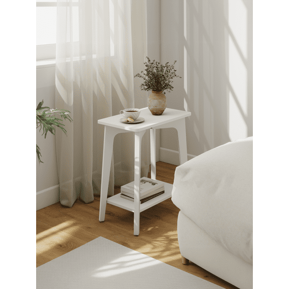 LEDREM 2-Tier Rectangular Side Table, Small End Table with Tapered Legs for Small Spaces, Nightstand for Living Room and Bedroom, Cloud White