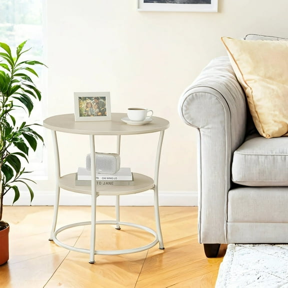 LEDREM 2-Tier Round Side Table, 21.7 Inch End Table with Steel Frame for Small Spaces, Natural Beige