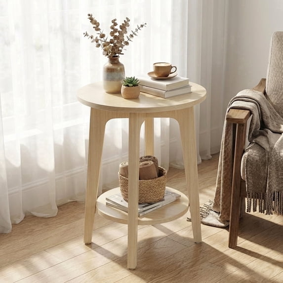 LEDREM Compact Two-Tier Round Accent Table, Tapered-Leg Side Table with Curved Accents, Holds 198lb, Quick Assembly, Space-Saving Small Sofa Table
