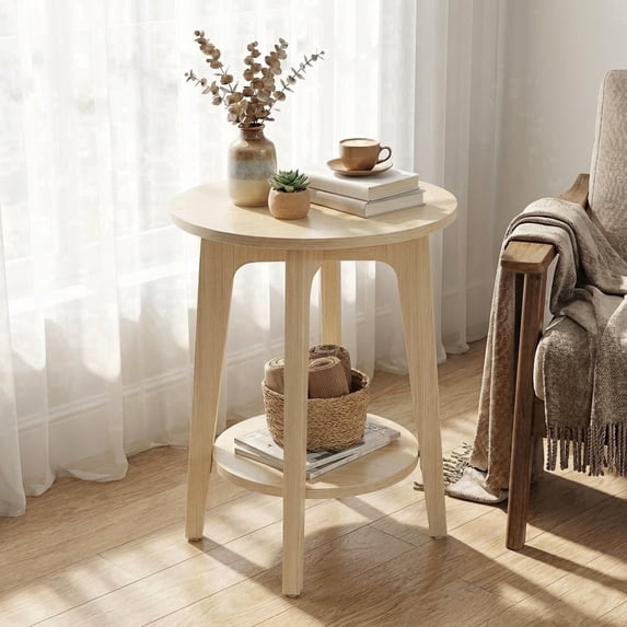 LEDREM Compact Two-Tier Round Accent Table, Tapered-Leg Side Table with Curved Accents, Holds 198lb, Quick Assembly, Space-Saving Small Sofa Table