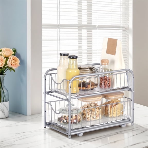 LEDREM 2-Tier Sliding Cabinet Organizer - Steel Pull-Out Drawers, Adjustable Height, Stackable Design for Kitchen, Bathroom, Metallic Silver