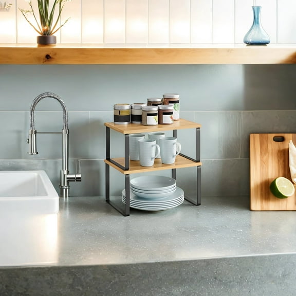 LEDREM 2-Tier Stackable Cabinet Organizer Shelf,Expandable Kitchen Storage&Spice Rack,Metal&Wood,Space-Saving for Countertop,Ink Black,Natural Beige