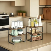 LEDREM 2-Tier Stackable Kitchen Cabinet Organizer Shelf, Adjustable & Expandable Storage Rack for Spices, Utensils, Books，Metal & Wood, Black，Brown