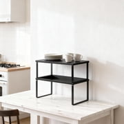 LEDREM 2-Tier Stackable Kitchen Shelf Organizer – Adjustable Countertop Storage for Spices, Utensils & Cookbooks，Expandable Metal，Wood Design， Black