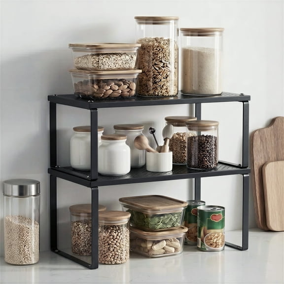 LEDREM 2-Tier Stackable Spice Racks – Heavy-Duty Metal Cabinet & Countertop Organizers, Expandable Shelf Risers for Kitchen Storage, Ink Black