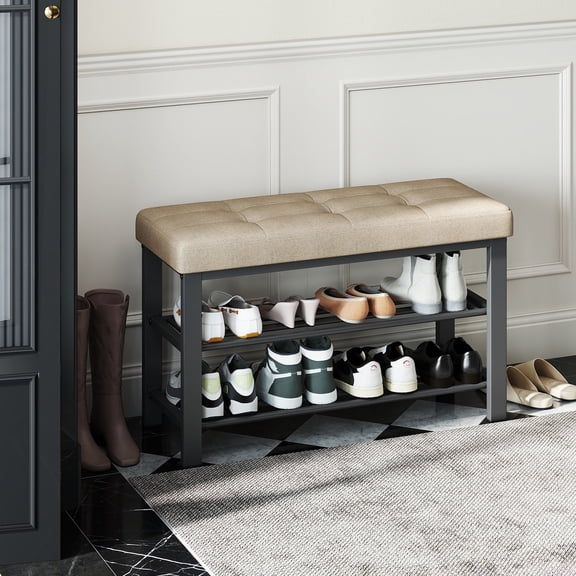 LEDREM 2-Tier Storage Bench with Cushioned Seat, 300lb Capacity Shoe Organizer, Space-Saving Entryway Solution for 8 Pairs, Camel Brown and Ink Black