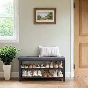 LEDREM Shoe Bench with Cushion, 2-Tier Entryway Shoe Rack Organizer, Holds 10 Pairs, Dark Gray and Ink Black