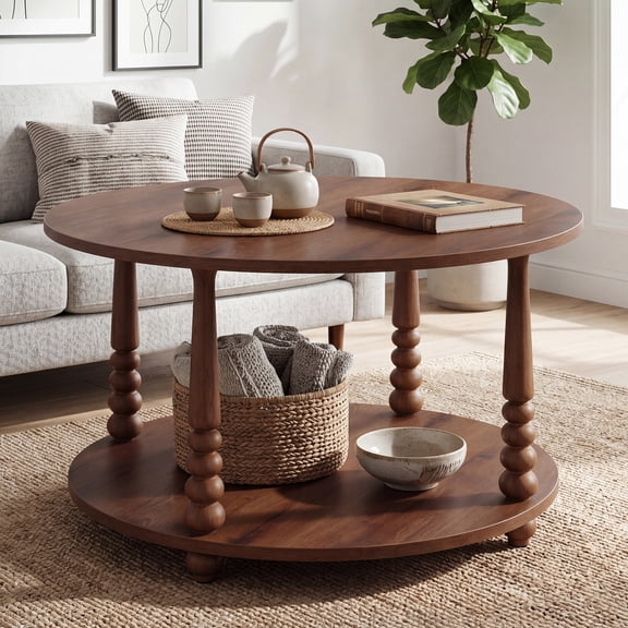 LEDREM 2-Tier Transitional Round Coffee Table with Storage Shelf, 31.5 x 31.5 x 17.7 inches, Chestnut Walnut