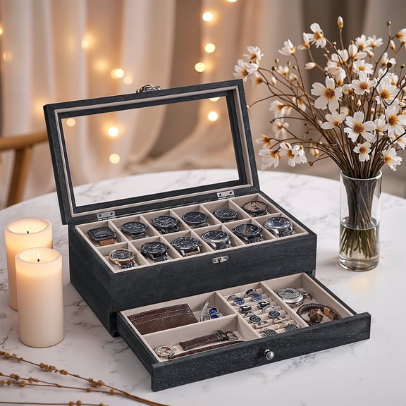 LEDREM 2-Tier Watch Display Case with Glass Top, 12-Slot Wooden Watch Box with Removable Pillows & Jewelry Drawer, Ebony Black