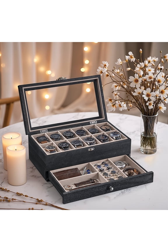 2-Tier Watch Display Case with Glass Top, 12-Slot Wooden Watch Box with Removable Pillows & Jewelry Drawer, Ebony Black