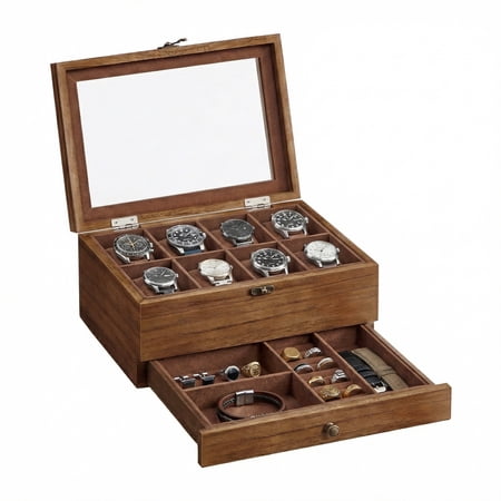 LEDREM 2-Tier Wood Watch Box with Large Glass Lid, 8-Slot & Drawer Storage, Removable Pillows, Velvet Lined, Rustic Walnut