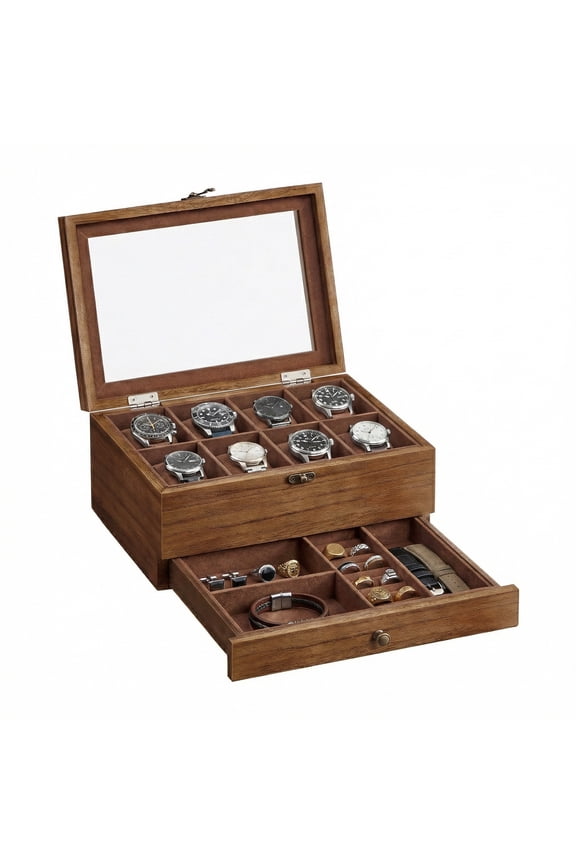 2-Tier Wood Watch Box with Large Glass Lid, 8-Slot & Drawer Storage, Removable Pillows, Velvet Lined, Rustic Walnut