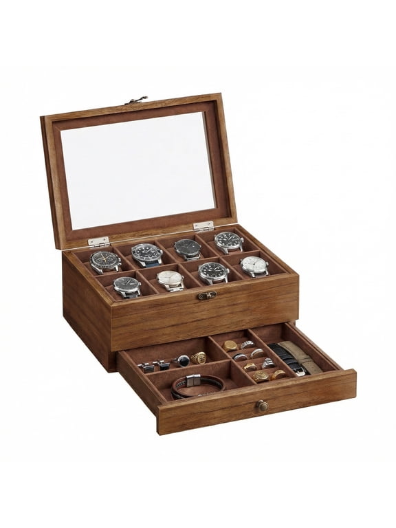 2-Tier Wood Watch Box with Large Glass Lid, 8-Slot & Drawer Storage, Removable Pillows, Velvet Lined, Rustic Walnut