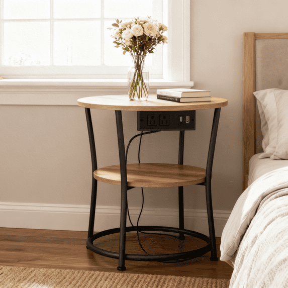 LEDREM Modern 2 Tier Round Accent Table, Metal Nightstand with Charging Ports, Compact Side Table with Storage, 66lb Capacity, Easy Assembly, for Apartment, Dorm, Home Office, Living Room
