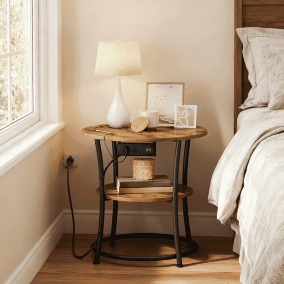 LEDREM Modern 2 Tier Round Accent Table, Metal Nightstand with Charging Ports, Compact Side Table with Storage, 66lb Capacity, Easy Assembly, for Apartment, Dorm, Home Office, Living Room