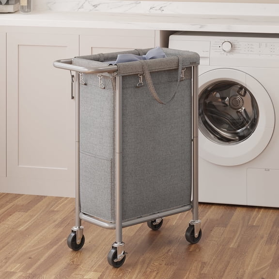 LEDREM 23.8-Gal Rolling Laundry Hamper with Wheels, Steel Frame & Removable Liner, Space-Saving Design, Dove Grey