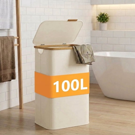 LEDREM Laundry Hamper with Lid 100L, Large Foldable Clothes Basket with Bamboo Handles, Tall Fabric Hamper for Bedroom, Bathroom, Dorm, Slate Gray