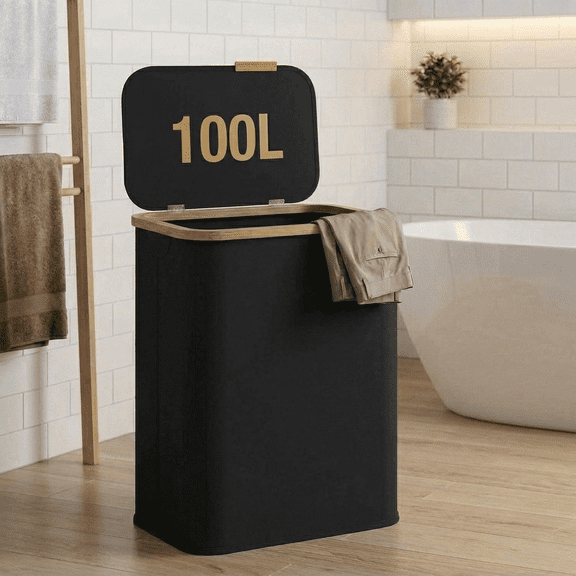 LEDREM Laundry Hamper with Lid 100L, Large Foldable Clothes Basket with Bamboo Handles, Tall Fabric Hamper for Bedroom, Bathroom, Dorm, Ink Black