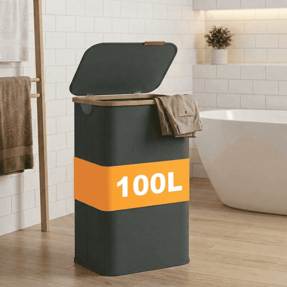 LEDREM Laundry Hamper with Lid 100L, Large Foldable Clothes Basket with Bamboo Handles, Tall Fabric Hamper for Bedroom, Bathroom, Dorm, Slate Gray
