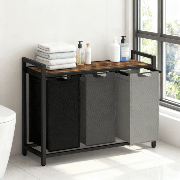 LEDREM 3-Bag Laundry Sorter Hamper with Pull-Out Bags and Shelf, 3 x 10.6 Gallon Laundry Basket on Metal Frame, Tricolor and Rustic Brown