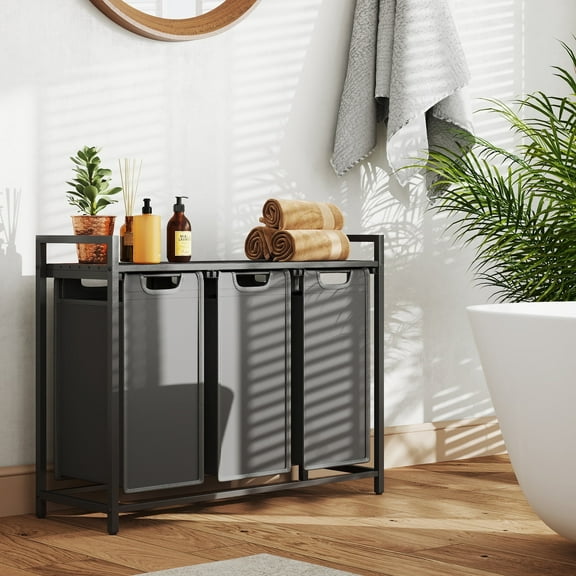 LEDREM 3-Compartment Laundry Sorter with Shelf & Removable Bags, 31.7 Gallon Capacity, Steel Frame, Space-Saving Design, Slate Gray and Charcoal Gray