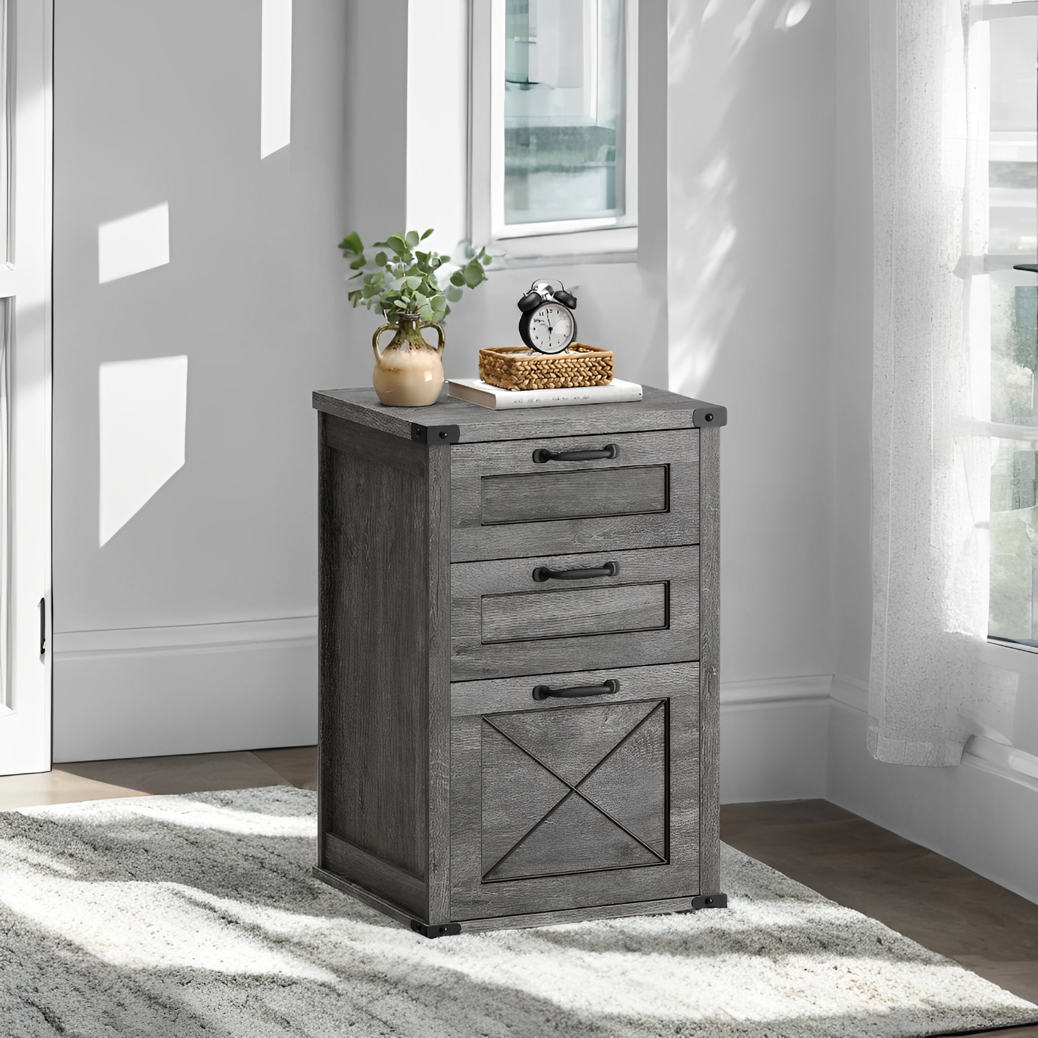 LEDREM 3-Drawer File Cabinet, Farmhouse Style Printer Stand for Home Office, Holds A4 Letter Files, Silent Slides & 110lb Capacity, Misty Gray
