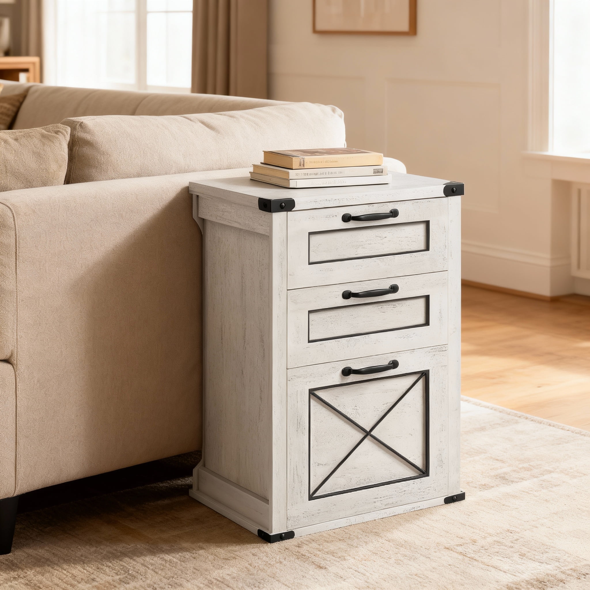 LEDREM 3-Drawer File Cabinet with Hanging Drawer,Printer Stand for A4 & Letter Files,Freestanding Storage Unit for Home Office,Rustic White