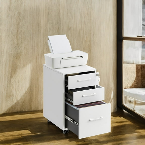 LEDREM 3-Drawer File Cabinet with Lock, Pre-Assembled Mobile Storage for A4, Legal, Letter Files, Wheels & Adjustable Feet, Matte White