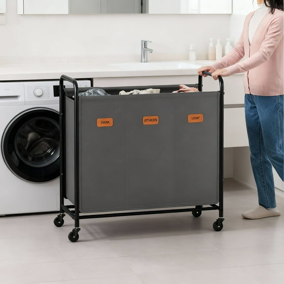 LEDREM 3-Section Rolling Laundry Hamper with Wheels,Large Capacity Laundry Sorter Cart with Removable Bags, Laundry Room, Slate Gray