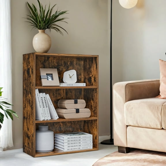 LEDREM 3-Tier Adjustable Bookcase, Open Bookshelf, Storage Shelf Organizer, 22lb Capacity per Shelf, for Home, Office, Rustic Brown