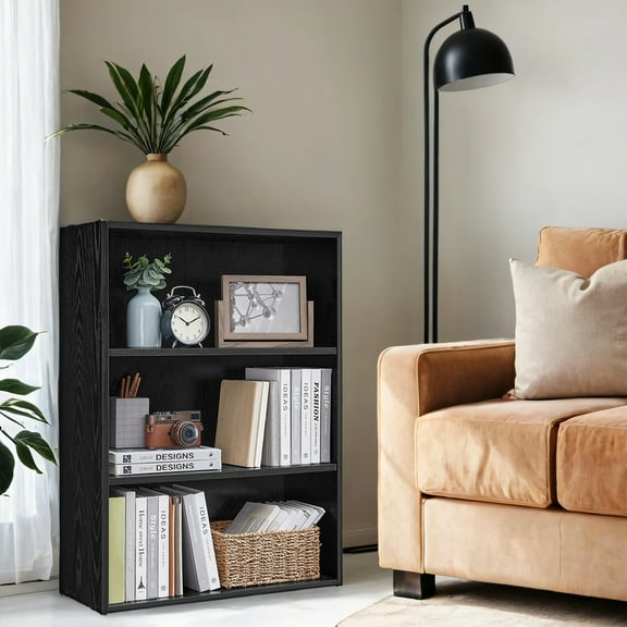 LEDREM 3-Tier Adjustable Bookcase, Open Bookshelf, Storage Shelf Organizer, 22lb Capacity per Shelf, for Home, Office, Ebony Black