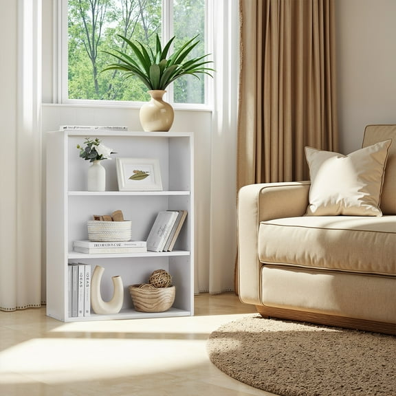 LEDREM 3-Tier Adjustable Bookcase, Open Bookshelf, Storage Shelf Organizer, 22lb Capacity per Shelf, for Home, Office, Cloud White