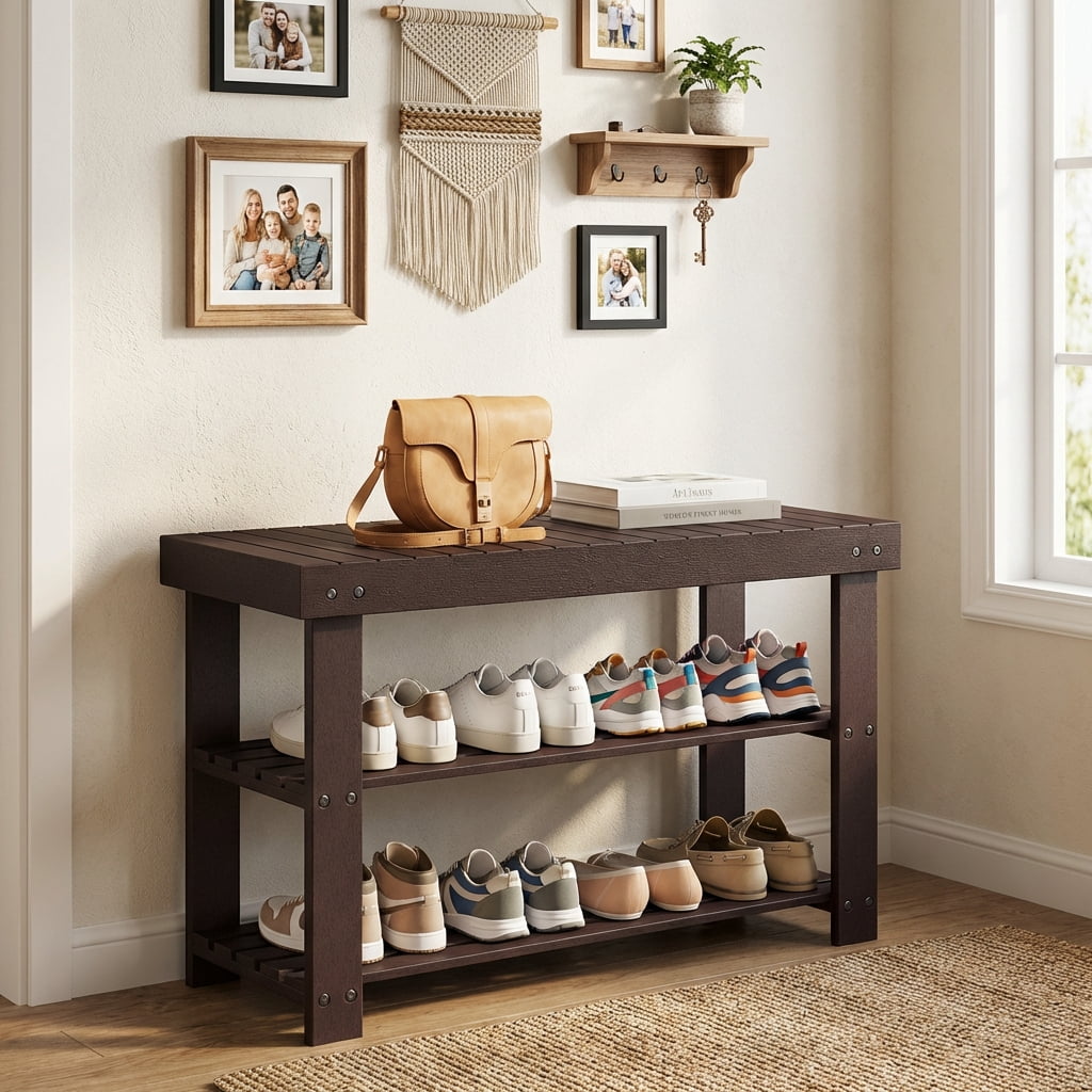 LEDREM 3-Tier Bamboo Shoe Rack Bench , Entryway Storage Organizer with 2 Shelves , Multi-Purpose Hallway Seat & Shelf , Holds 287lb , Easy Assembly , Brown