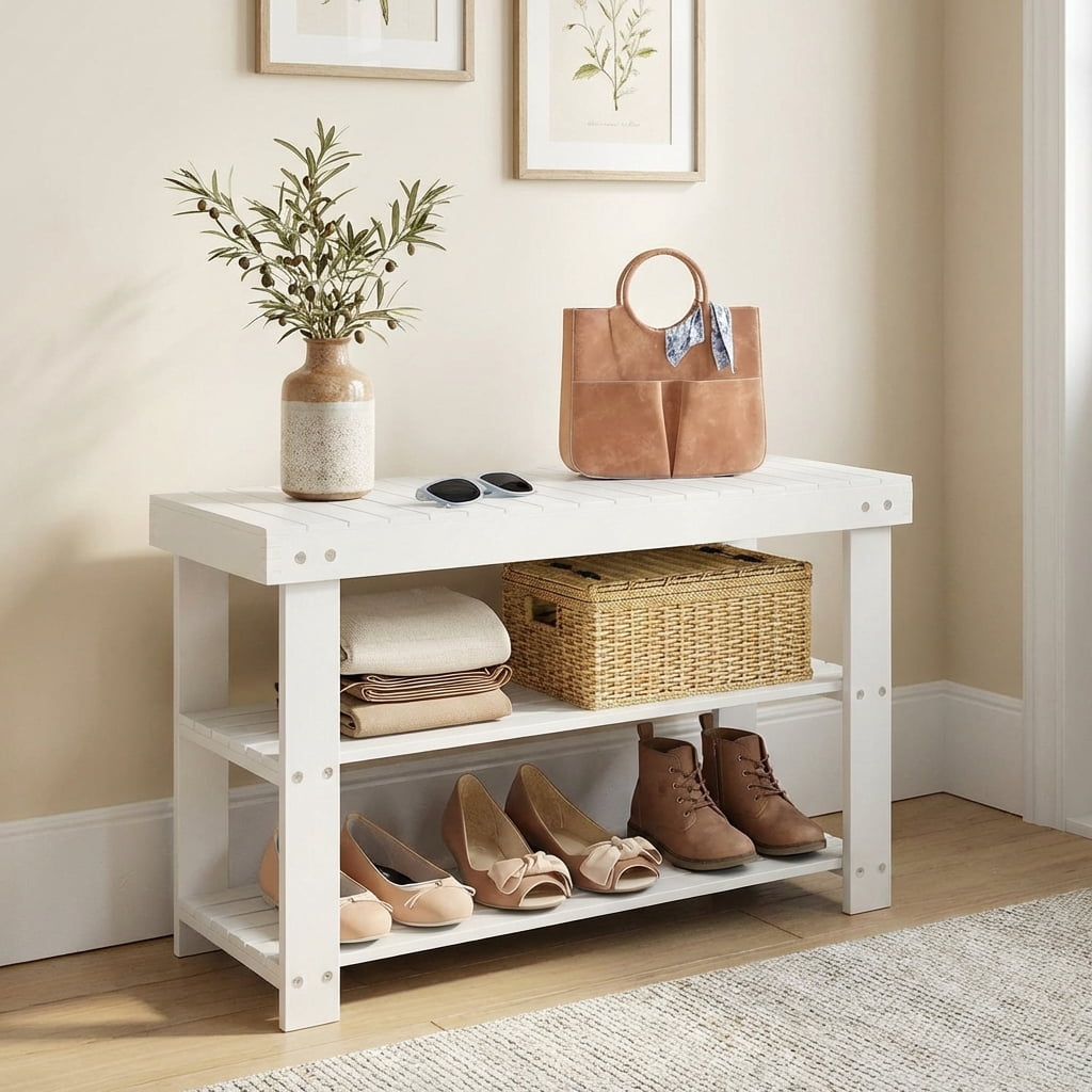 LEDREM 3-Tier Bamboo Shoe Rack Bench, Entryway Storage Organizer with 286lb Capacity, Multi-Use Shelf, Seat, Quick Assembly, Cloud White