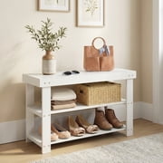 LEDREM 3-Tier Bamboo Shoe Rack Bench, Entryway Storage Organizer with 286lb Capacity, Multi-Use Shelf, Seat, Quick Assembly, Cloud White